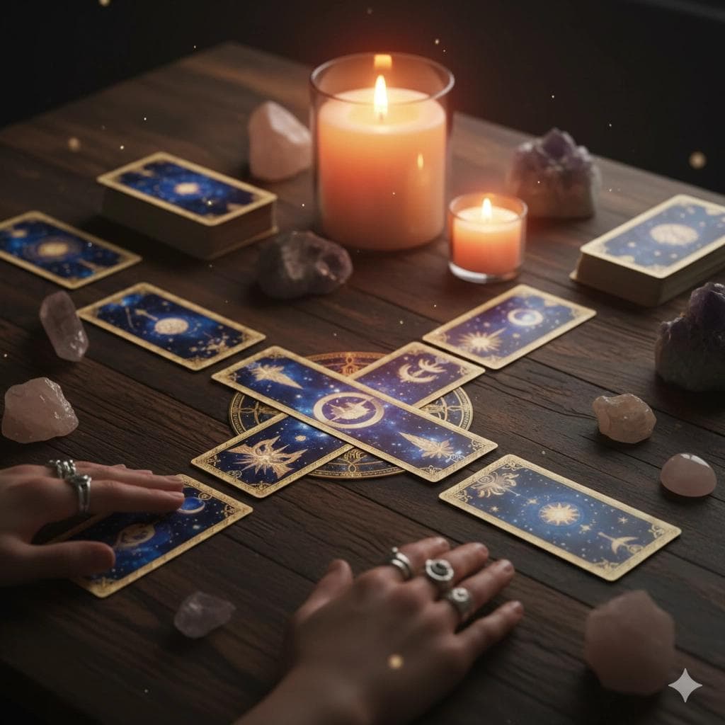 Person performing a tarot reading with cards laid out in a spread