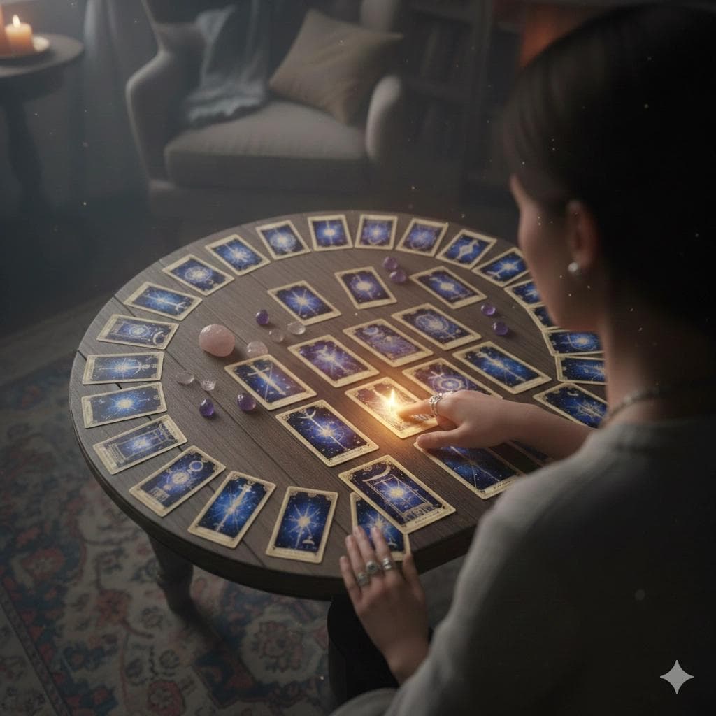 Tarot reader examining Major Arcana cards arranged in story order
