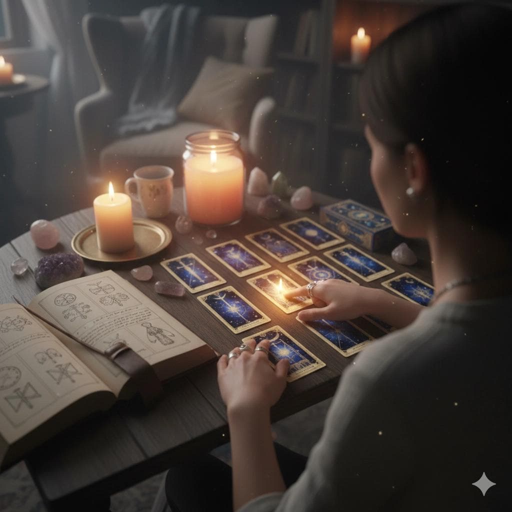 Tarot reading setup with cards laid out and reference guide