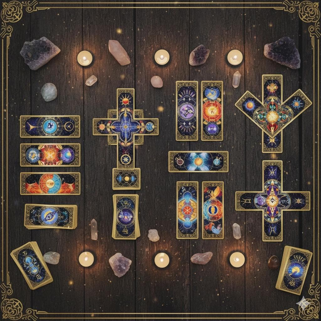 Comparison of three tarot spread layouts from simple to complex