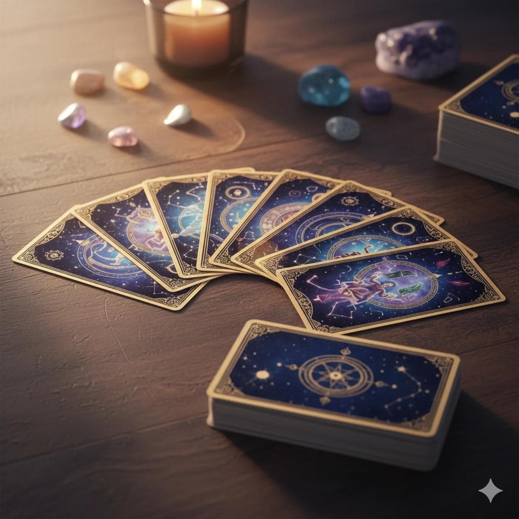 Tarot deck and cards laid out for a reading with celestial background