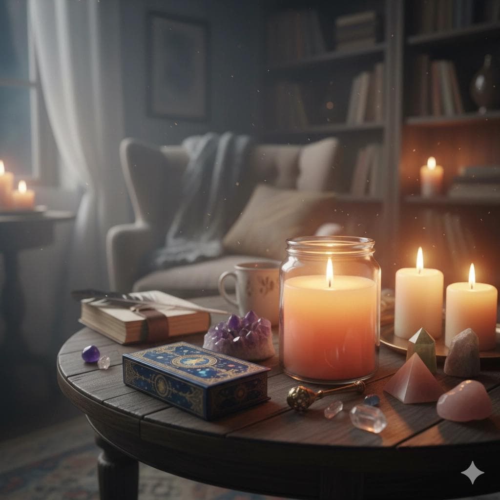 Calm tarot reading setup with shuffled deck and clear space