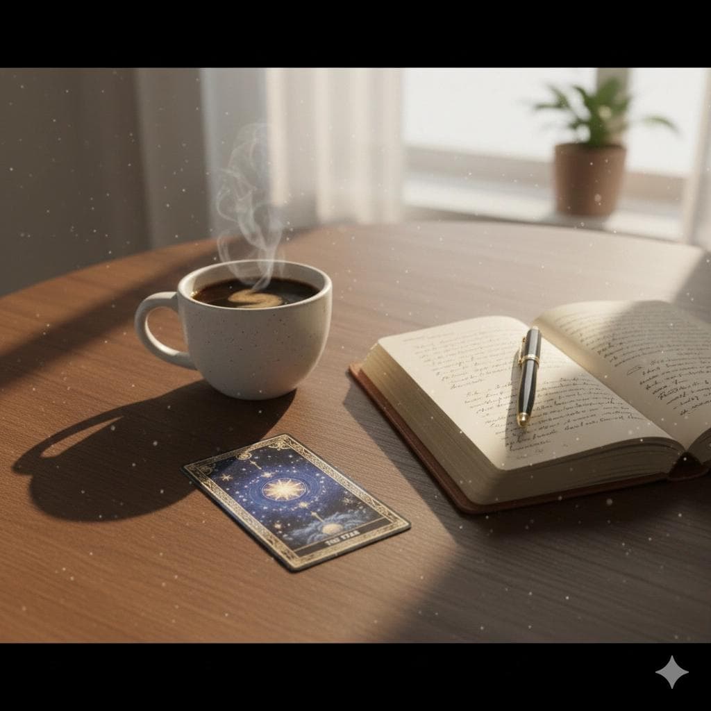 One tarot card drawn for a daily morning reading with notebook nearby