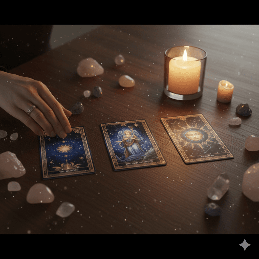 Three card tarot spread with cards arranged left to right