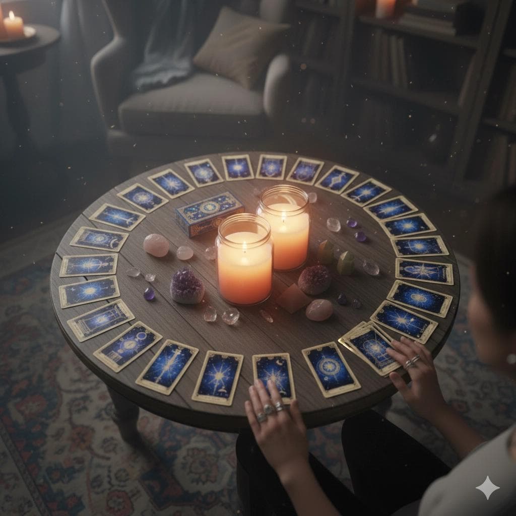 22 Major Arcana tarot cards arranged in a sweeping arc