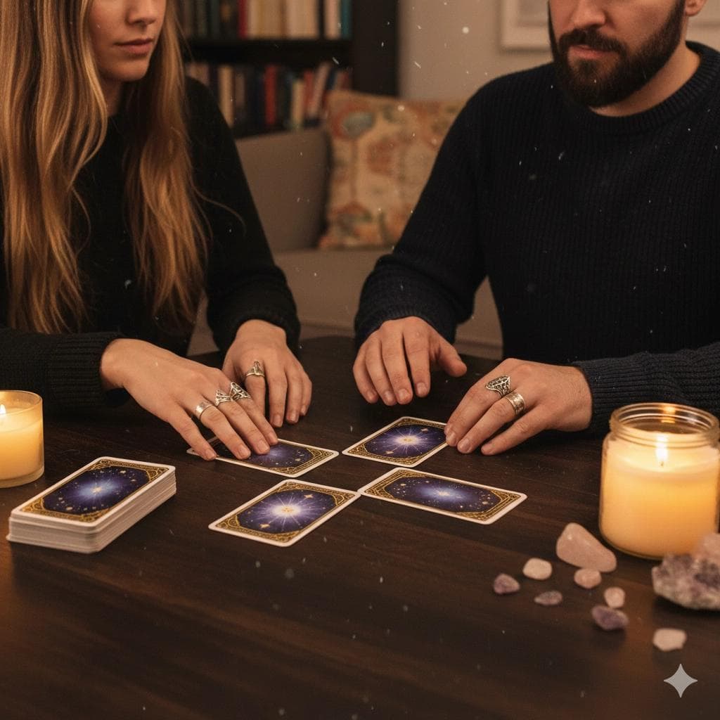 Tarot love reading with cards spread between two people