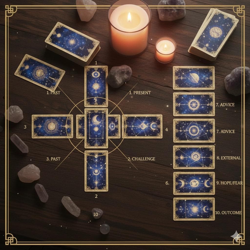 Ten tarot cards arranged in the Celtic Cross pattern with numbered positions