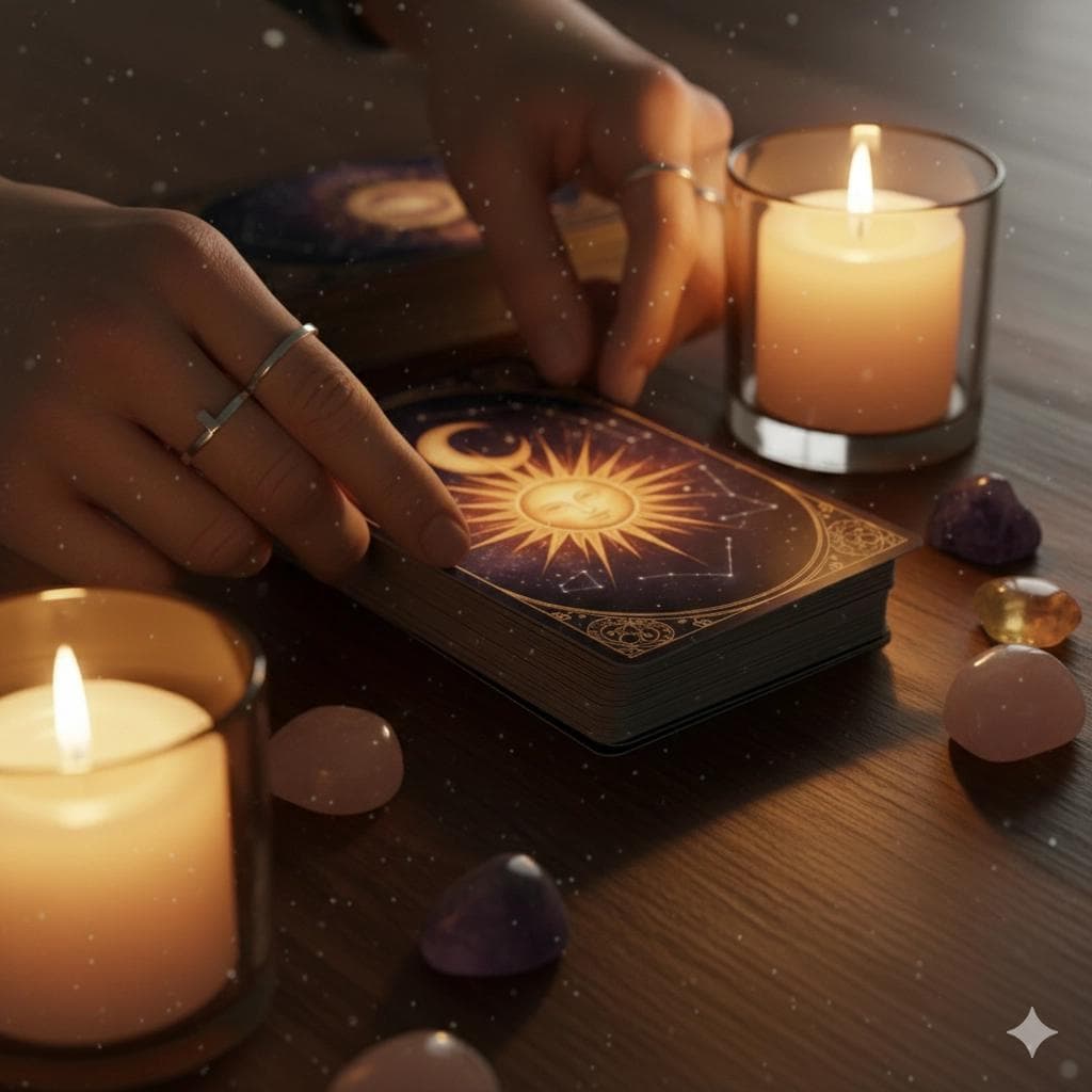 Hand drawing one tarot card from a shuffled deck for a yes or no answer